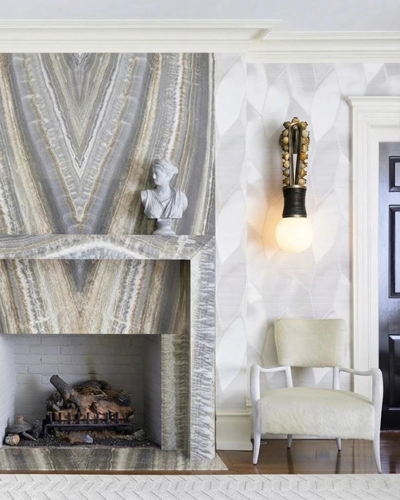 Modern Brass and Green Bead Wall Sconce in Vintage Living Room