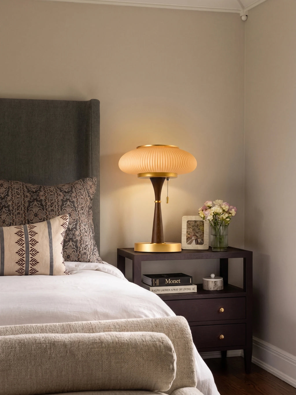 Vintage Amber Glass Table Lamp on Bedroom Nightstand