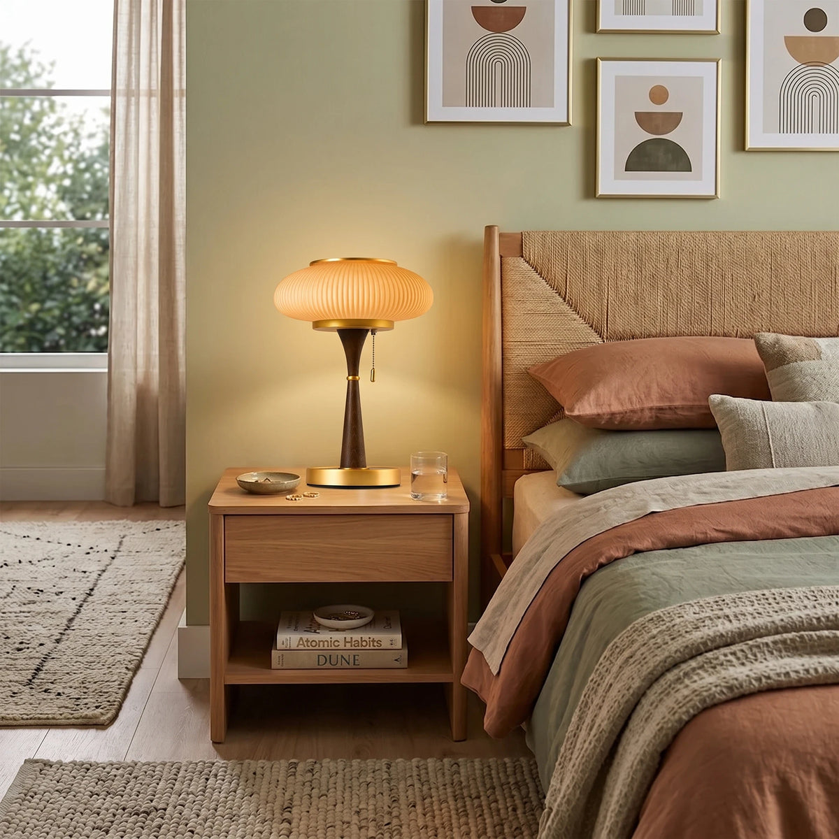 Mid Century Amber Glass Bedside Table Lamp on Bedroom Nightstand