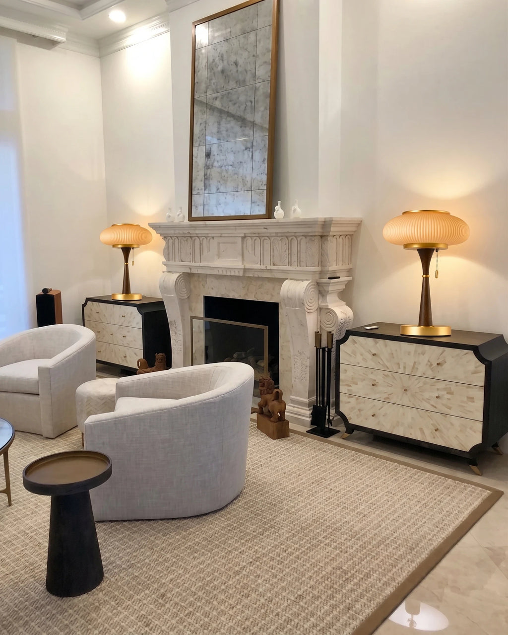 Pair of Vintage Glass Table Lamps Flanking Living Room Fireplace