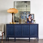 Mid Century Ribbed Glass Table Lamp on Blue Living Room Sideboard