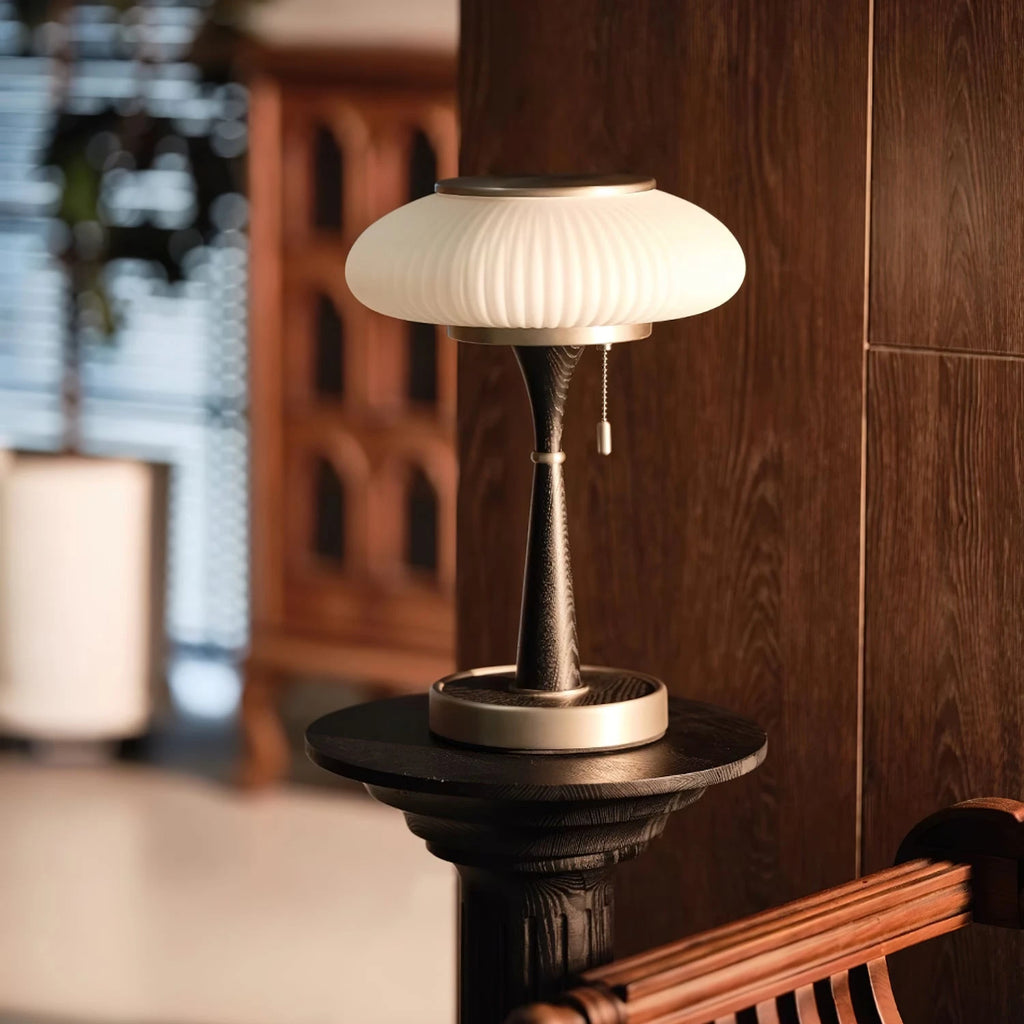 Vintage Ribbed White Glass Table Lamp in Retro Living Room