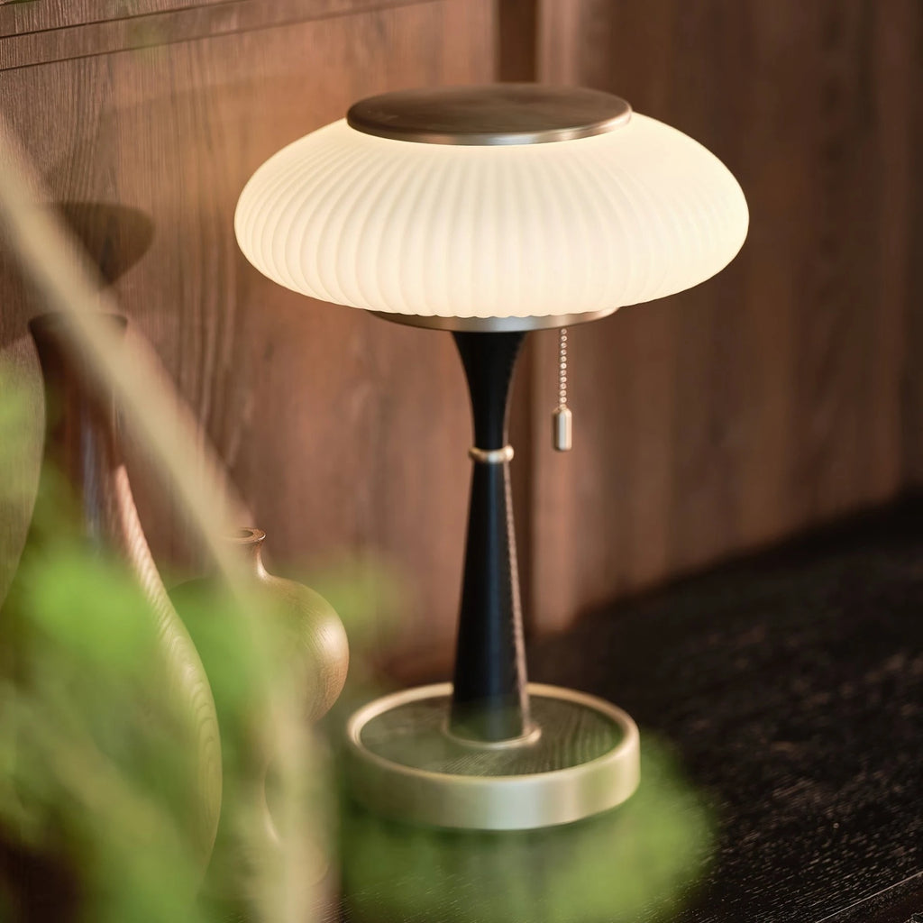 Vintage Ribbed Glass Table Lamp on Wood Console Table