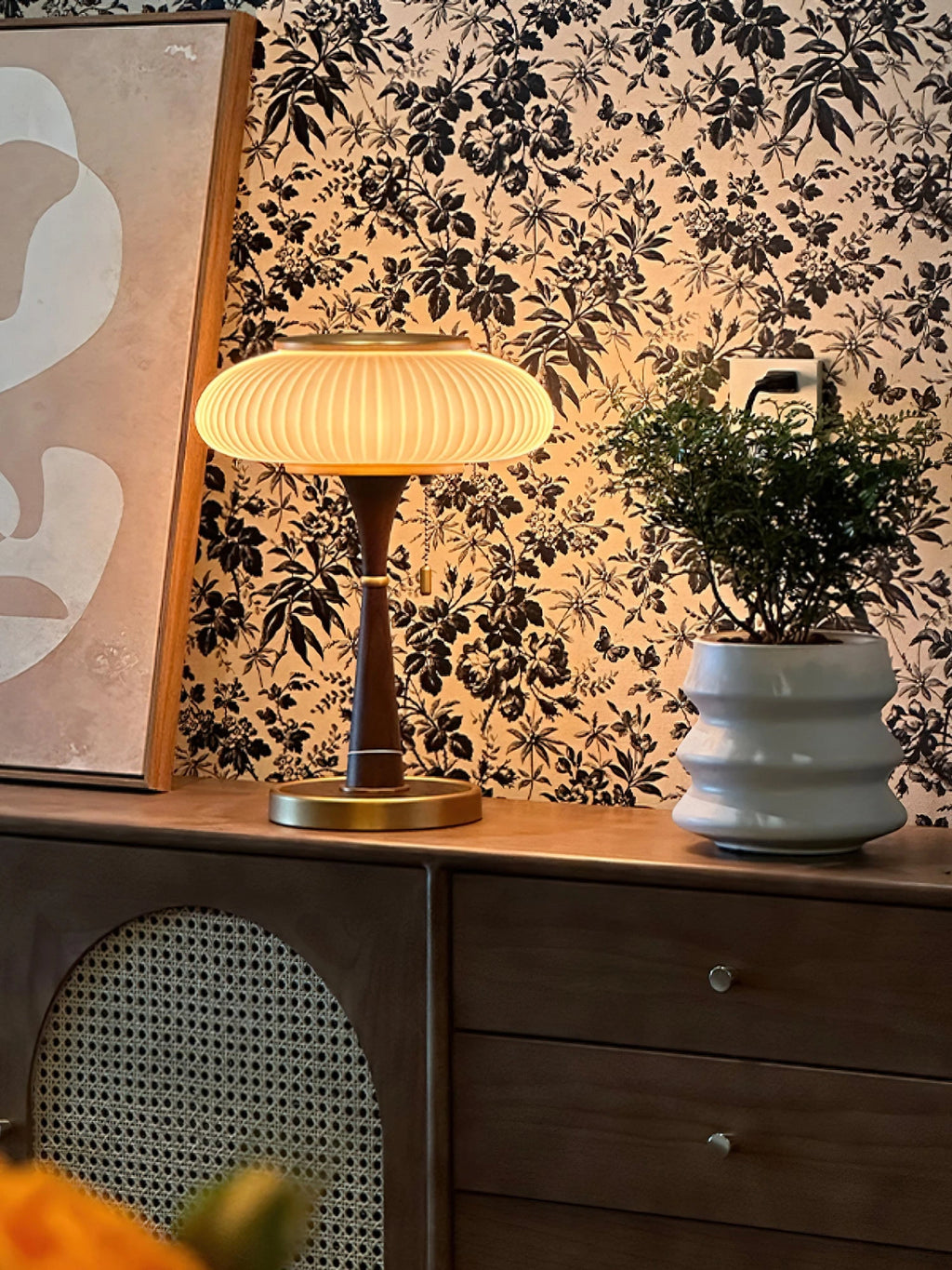Mid Century Glass Table Lamp with Pull Chain on Wooden Cabinet