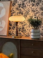 Mid Century Glass Table Lamp with Pull Chain on Wooden Cabinet
