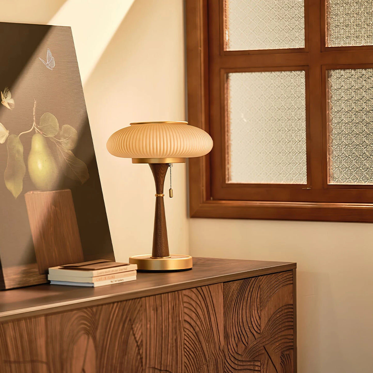 Amber Glass Mushroom Table Lamp on Vintage Wooden Credenza