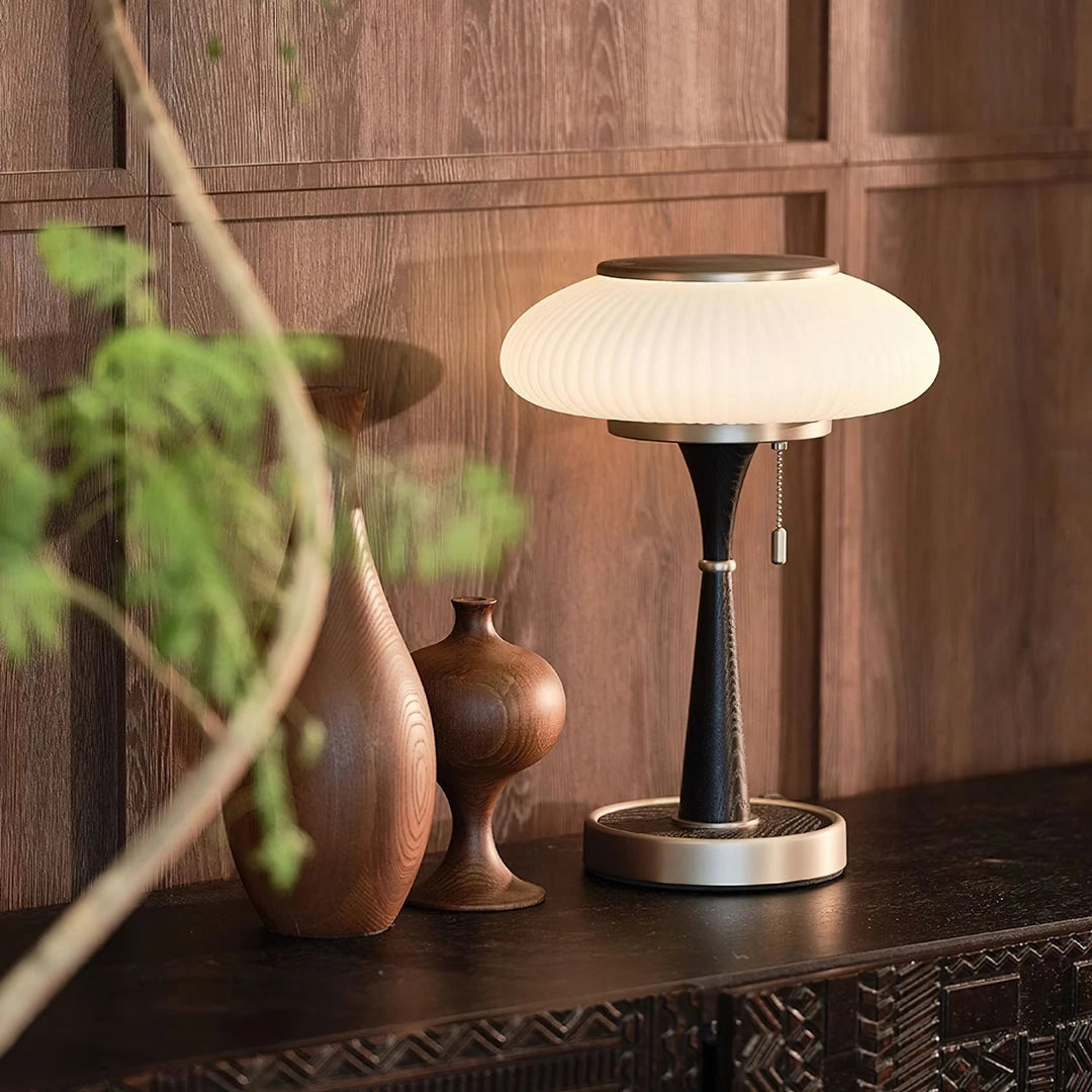 Retro White Glass Table Lamp with Wooden Stem on Sideboard