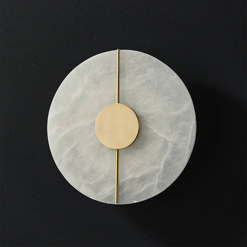 Unlit round Meridian alabaster wall light natural stone veining matte black backdrop