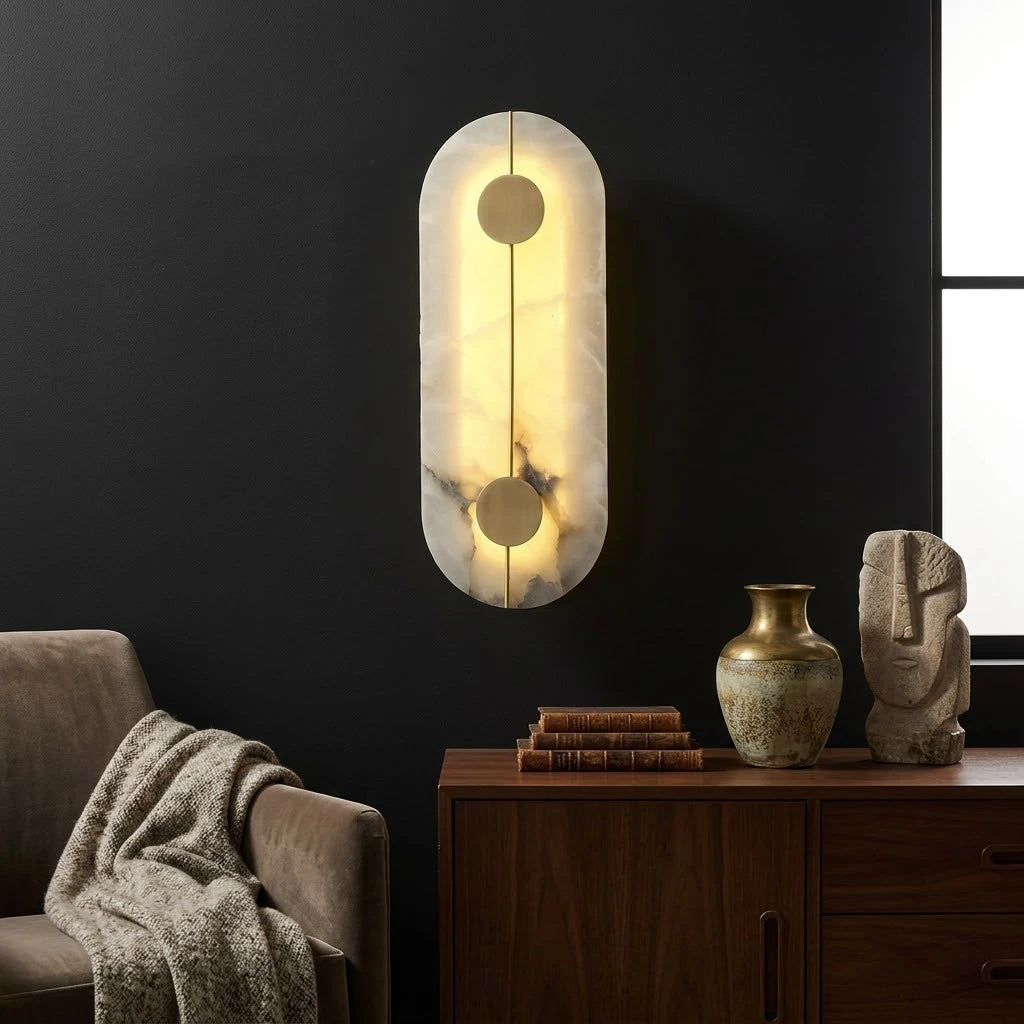 Illuminated Modern Alabaster Wall Sconce in Living Room Setting