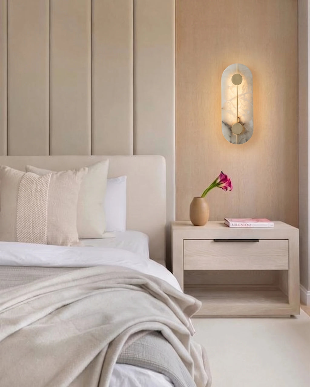 Modern Alabaster Oval Wall Sconce in Master Bedroom Setting