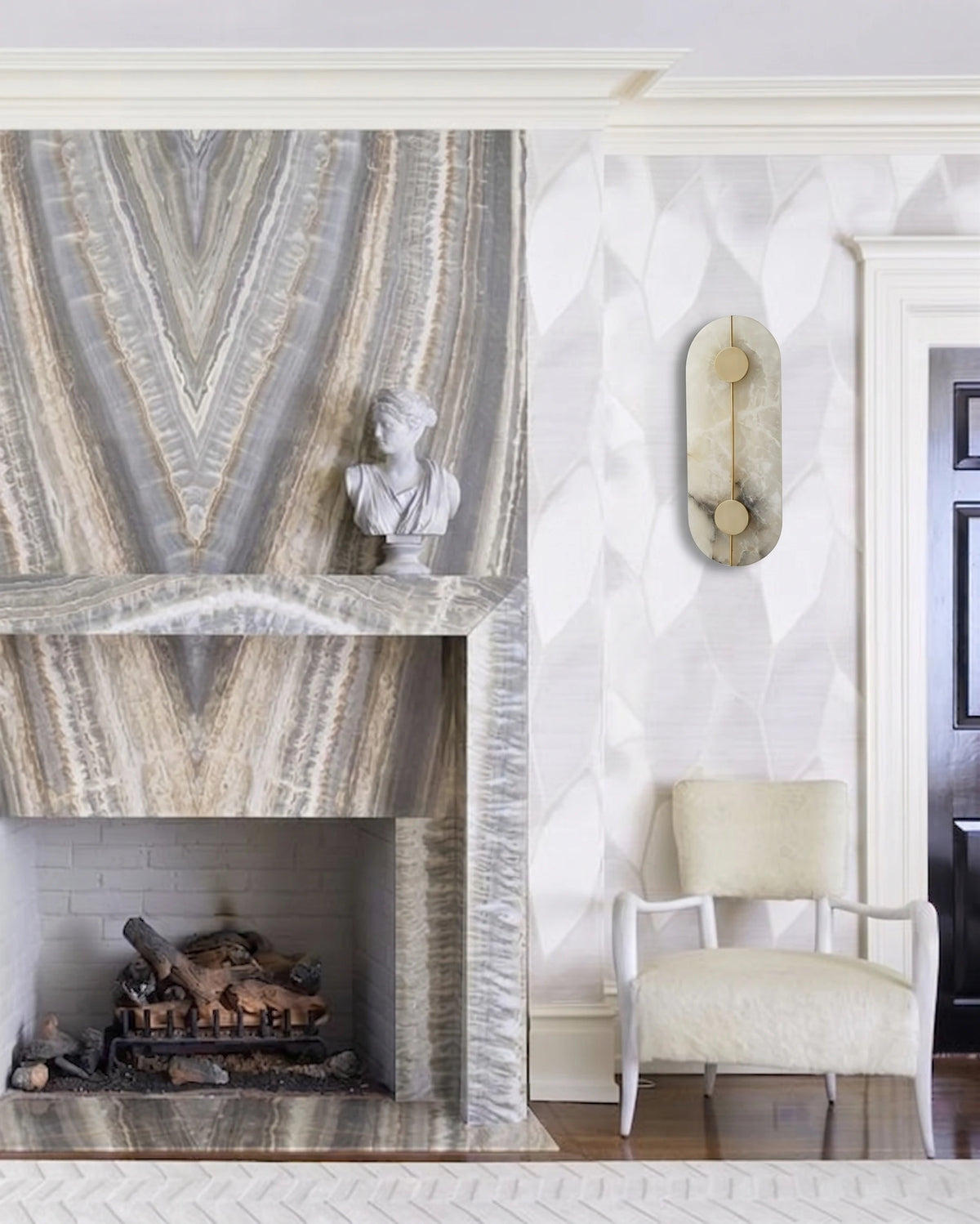 Modern Alabaster Wall Sconce Beside Fireplace Setting