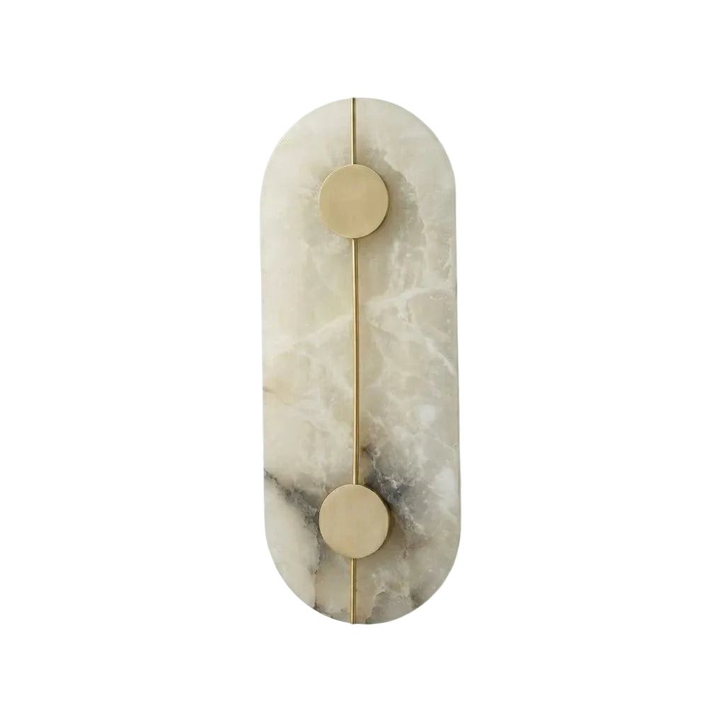 Modern Alabaster Oval Wall Sconce with Brass Linear Accents on Pure White Background