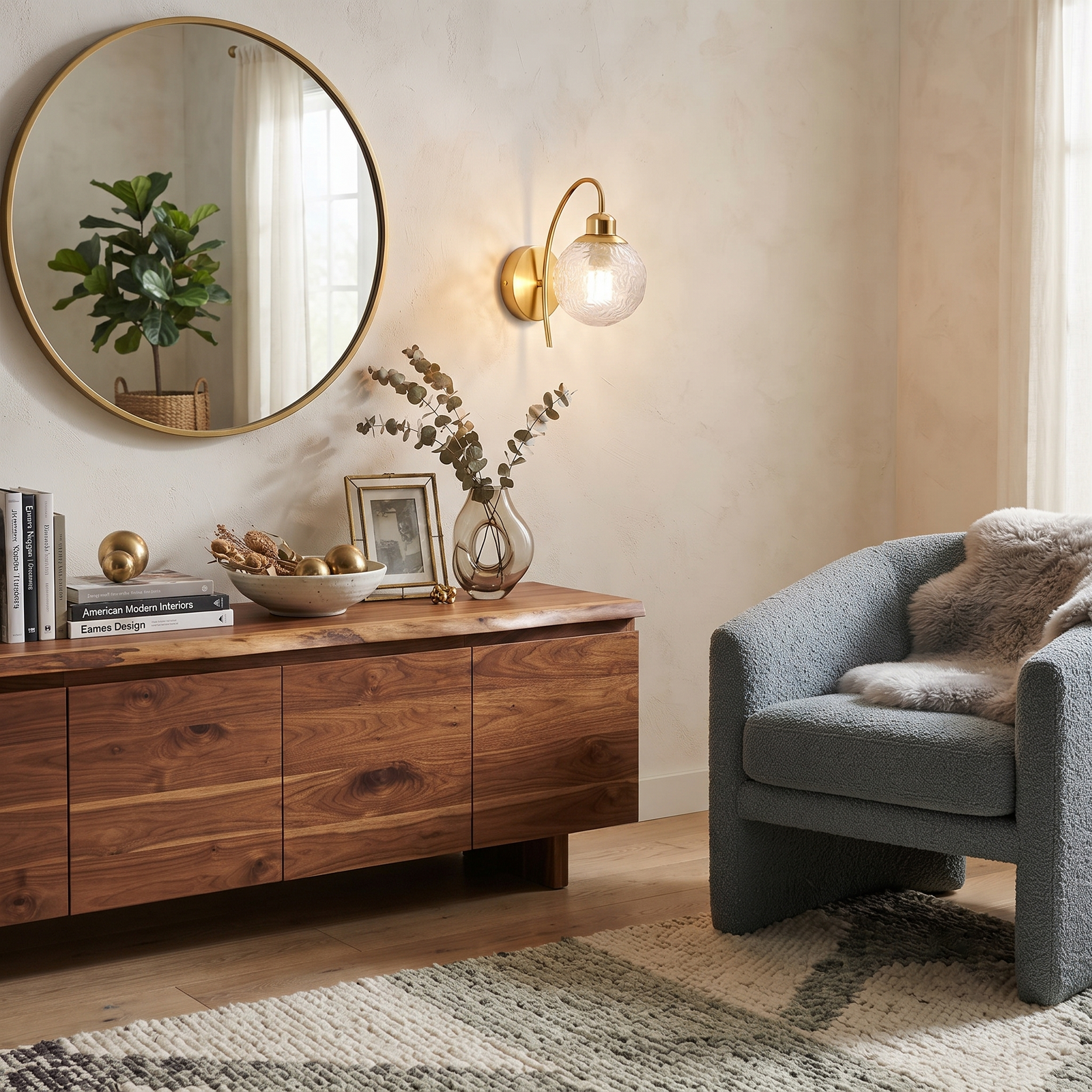 Hammered Glass Globe Sconce Over Living Room Storage Credenza