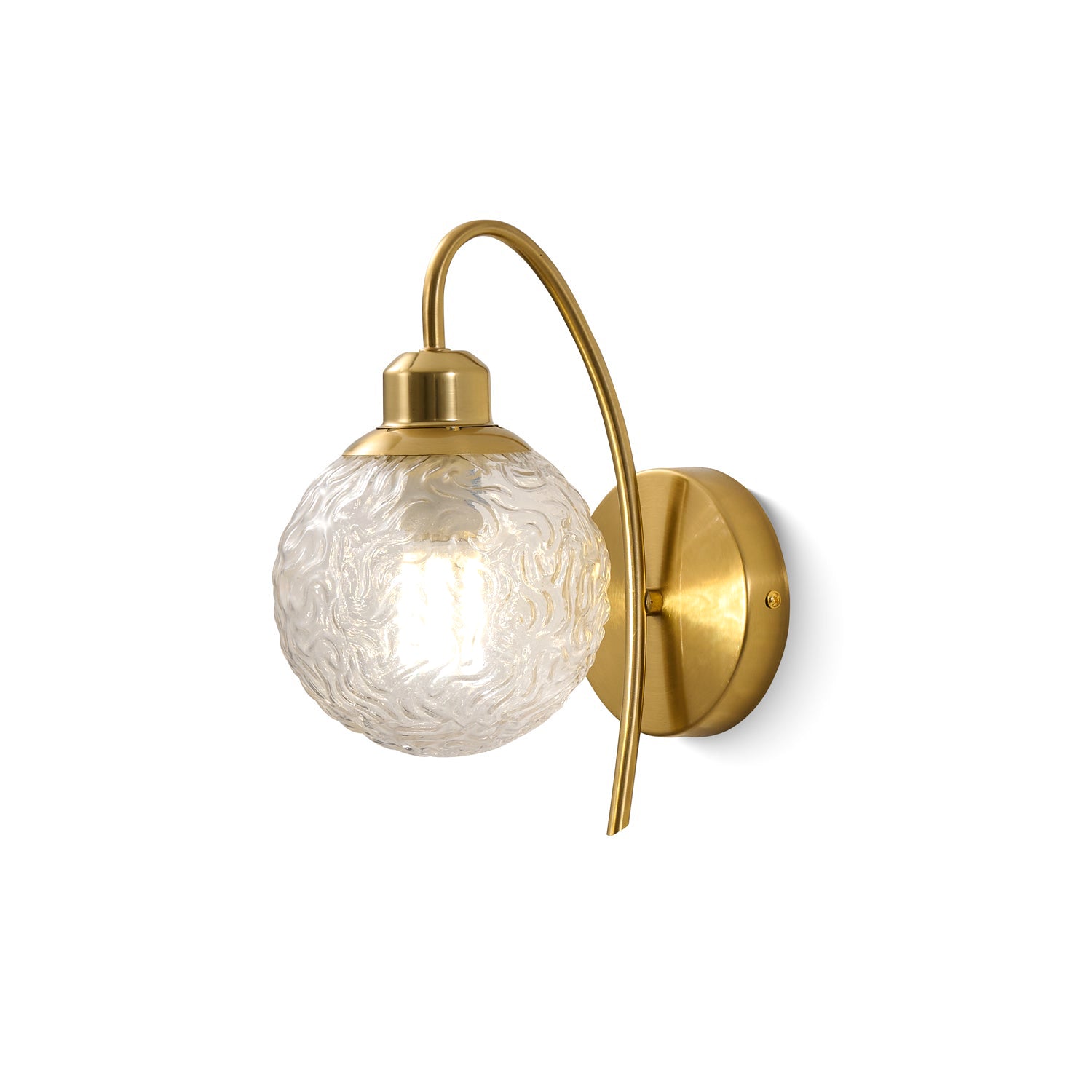 Modern Brass Wall Sconce with Hammered Glass Globe Shade on White Background