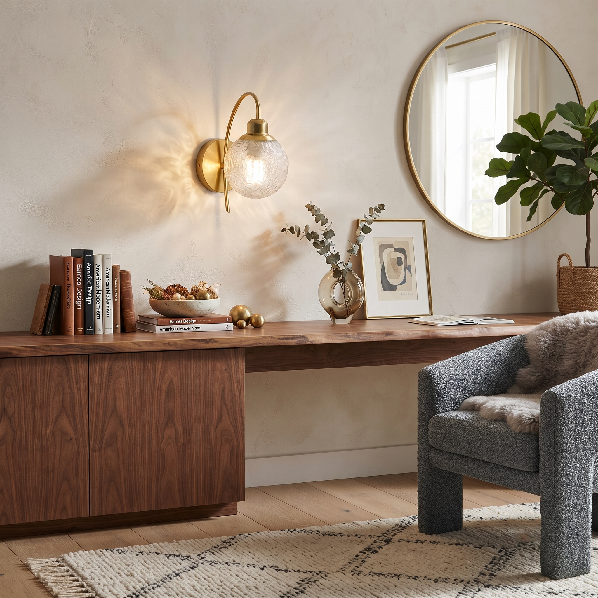 Metal Wood and Glass Globe Sconce