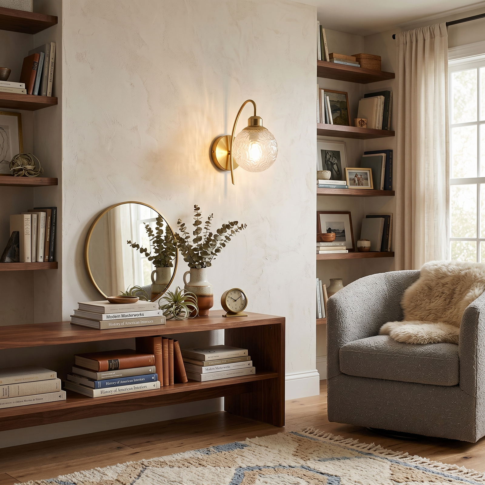 Brass Hammered Glass Wall Sconce Over Living Room Shelf