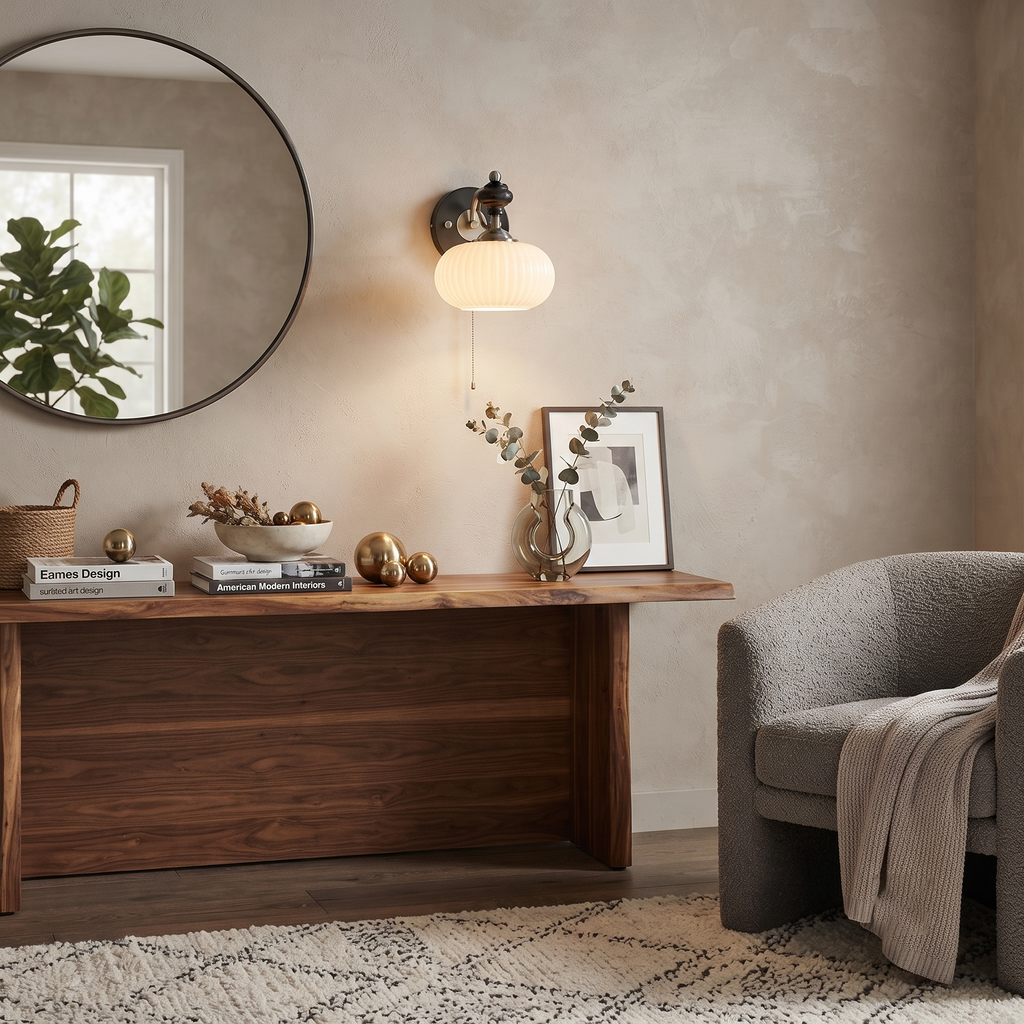 Metal Wood and Glass Sconce