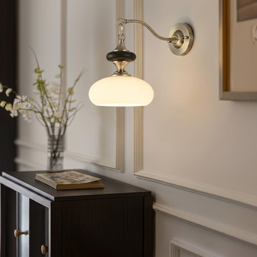 Vintage Wall Sconce with Pull Chain Over Storage Cabinet
