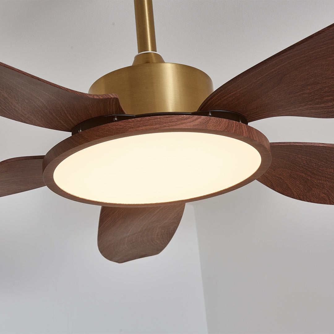 Bottom Angle View of Illuminated Brass Walnut Wood Ceiling Fan
