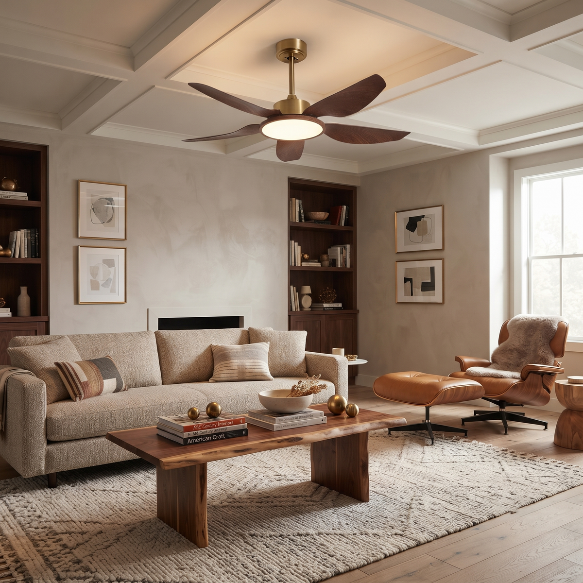 Walnut Wood Blade Ceiling Fan Over Living Room Seating Area