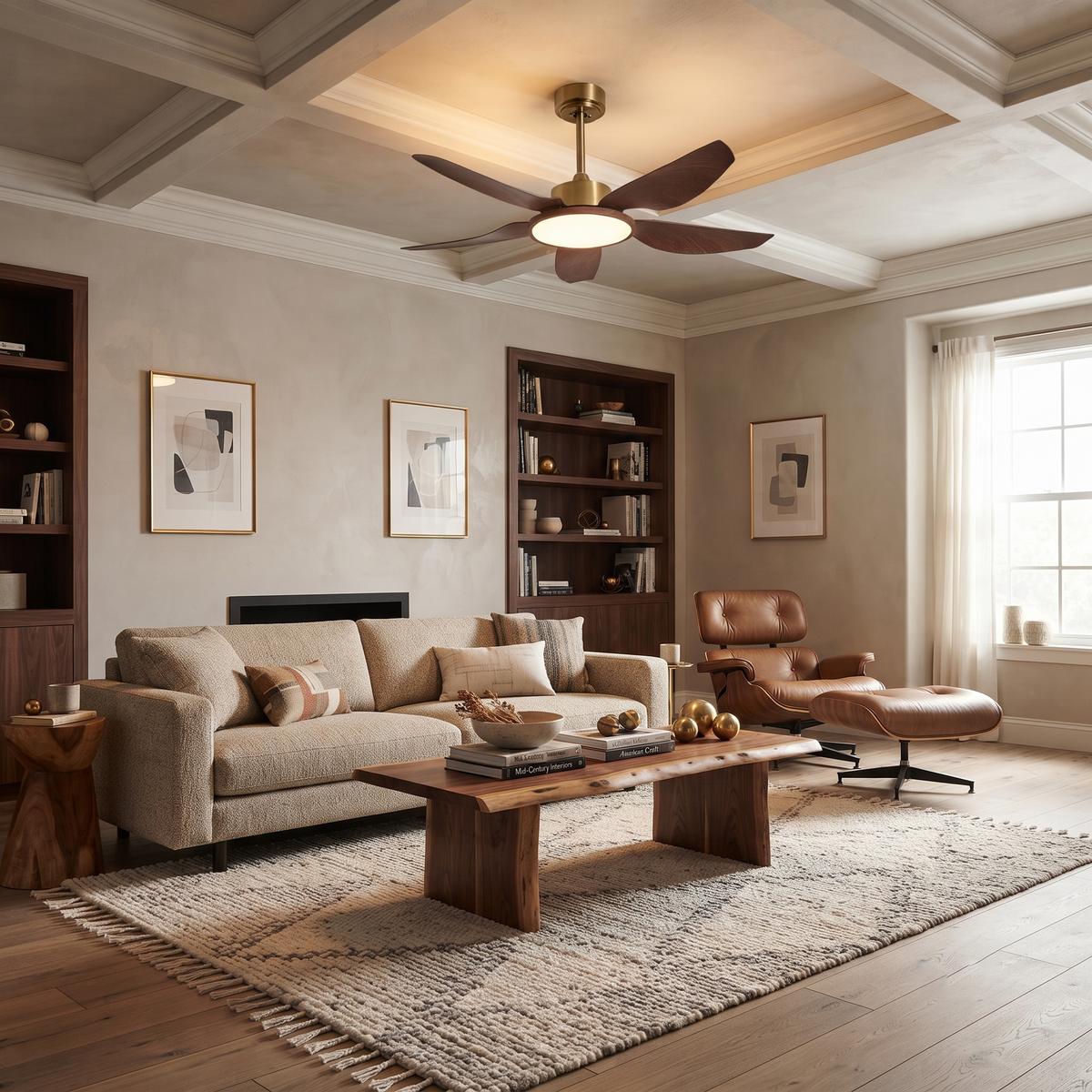 Brass Walnut Wood Ceiling Fan Light in Modern Living Room