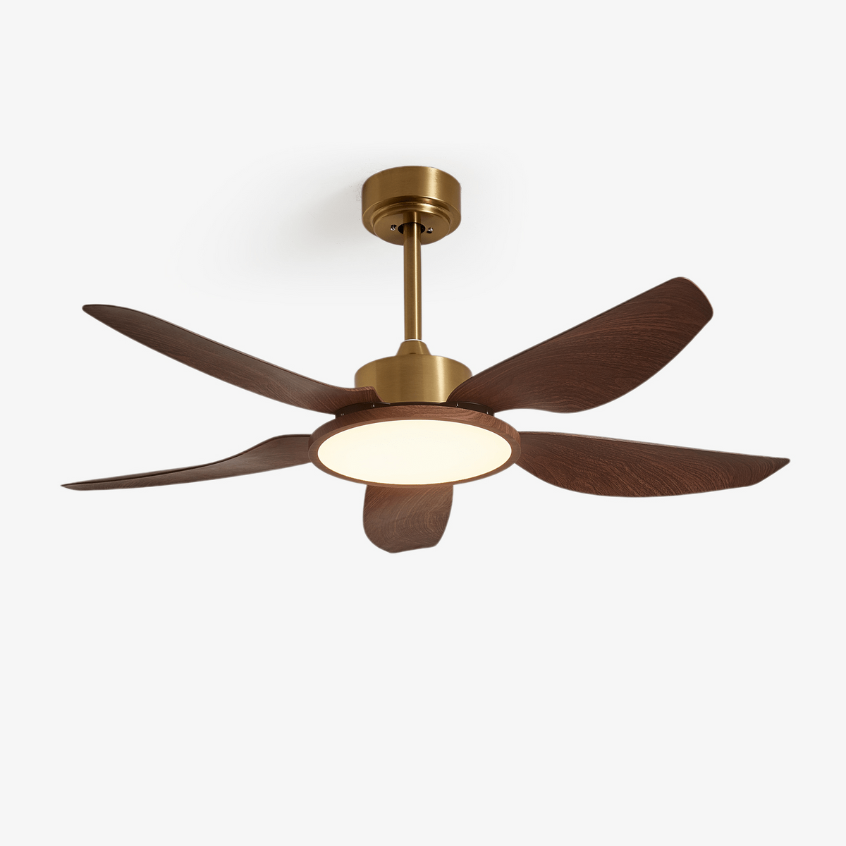Modern Brass Walnut Wood 5 Blade Ceiling Fan Studio Product Shot