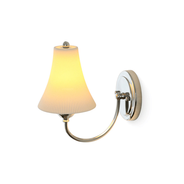 Modern Pleated Porcelain Shade Wall Sconce with Chrome Arm on White Background