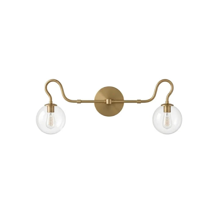 Modern 2-Light Globe Vanity Light with Brass Finish and Clear Glass Shades on Pure White Background