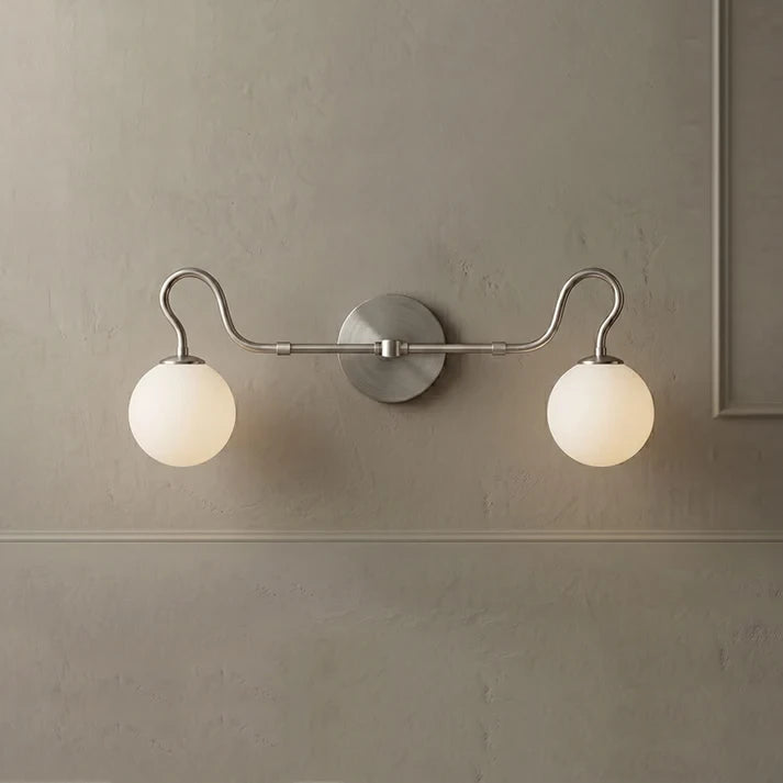Illuminated Modern 2-Light Globe Vanity Light with Silver Hardware and White Glass