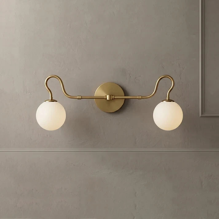 Front View of Illuminated Modern 2-Light Globe Vanity Light with White Glass