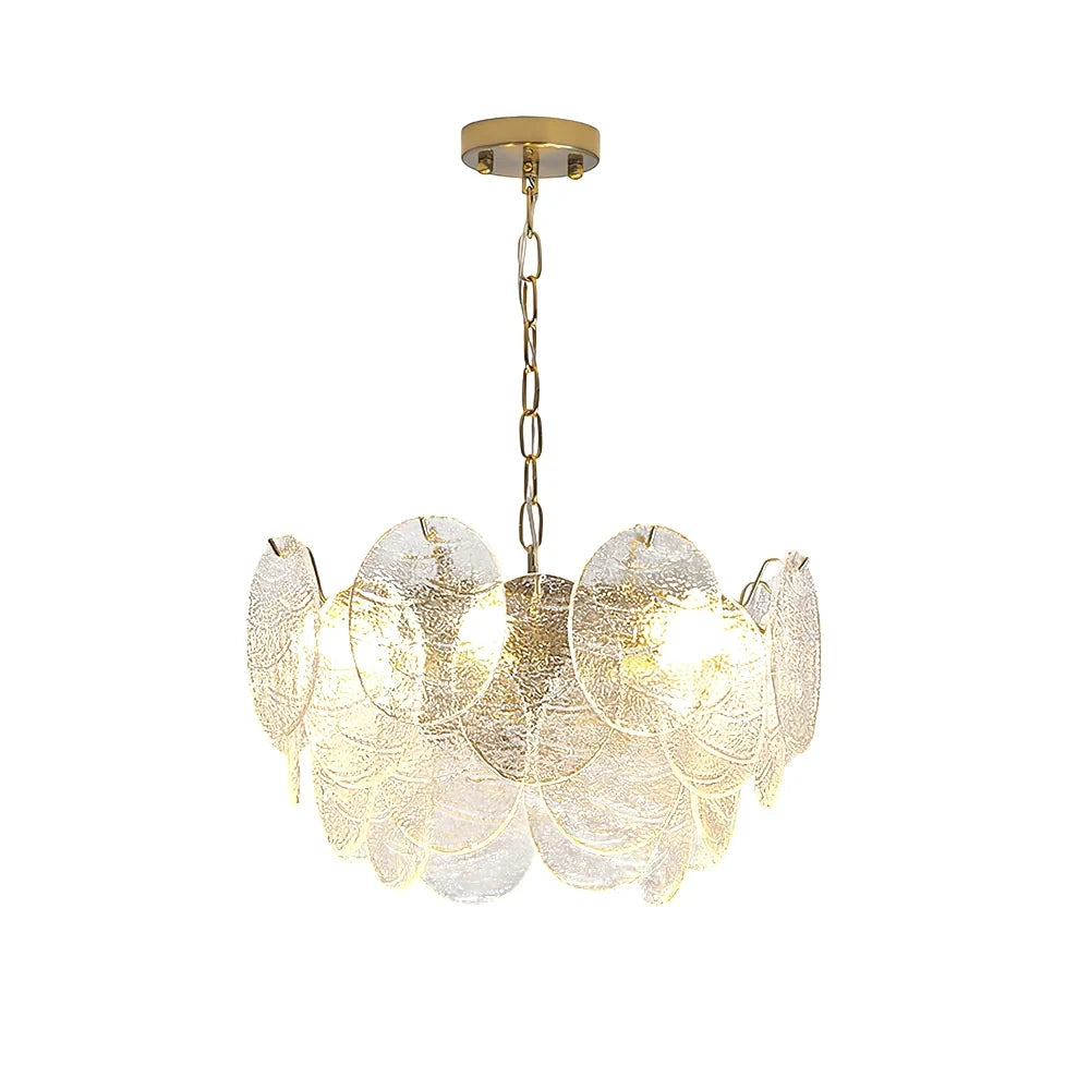 Modern Brass and Disc Art Glass Chandelier with Gold Canopy and Chain on Pure White Background