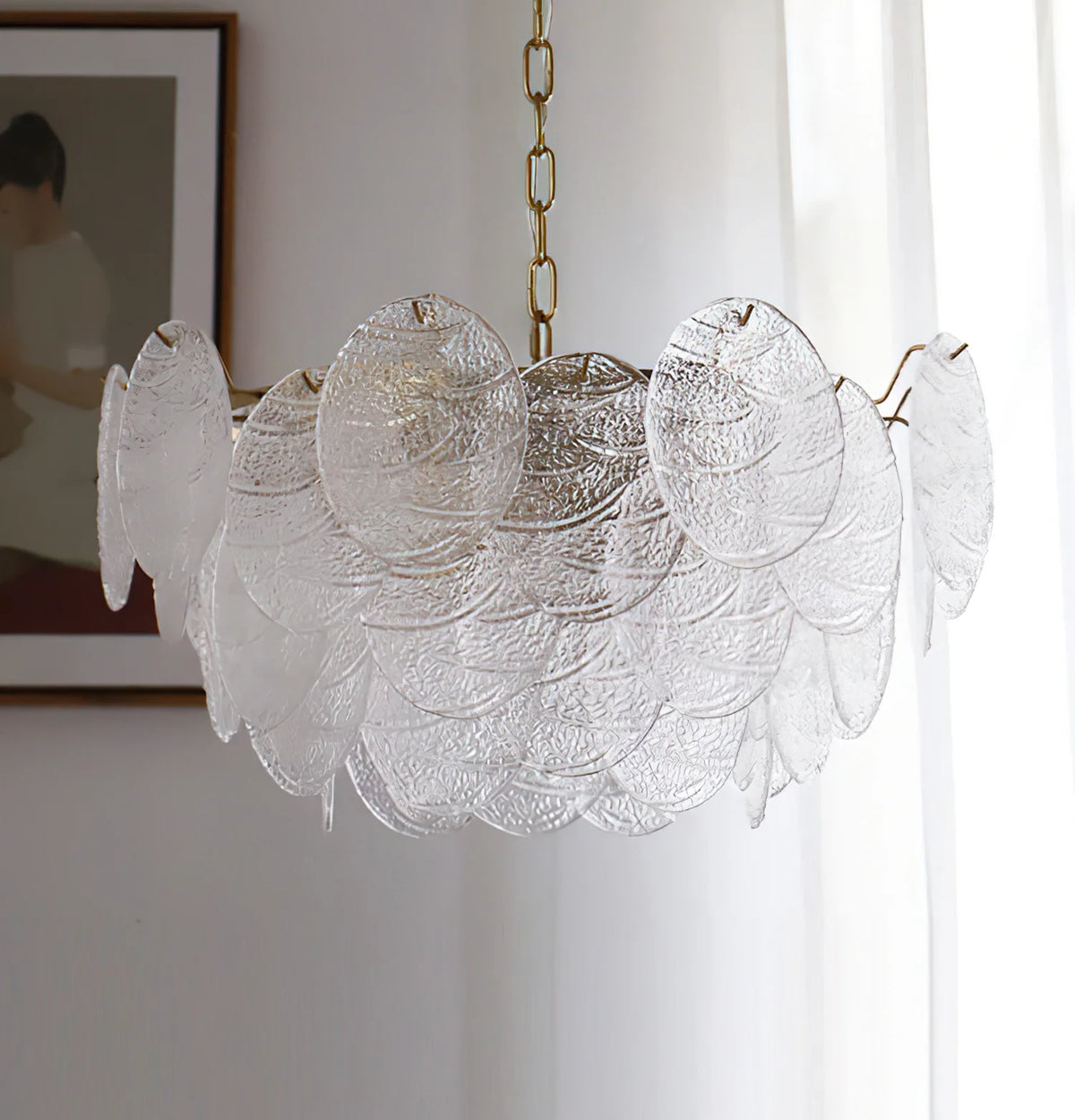 Illuminated Modern Disc Art Glass Chandelier Studio Shot