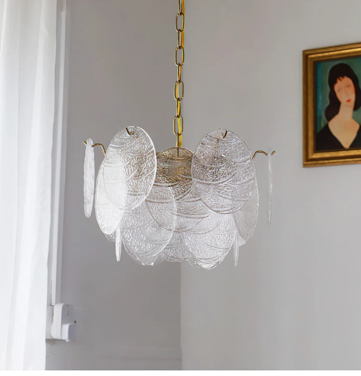Illuminated Modern Disc Art Glass Chandelier Studio Display