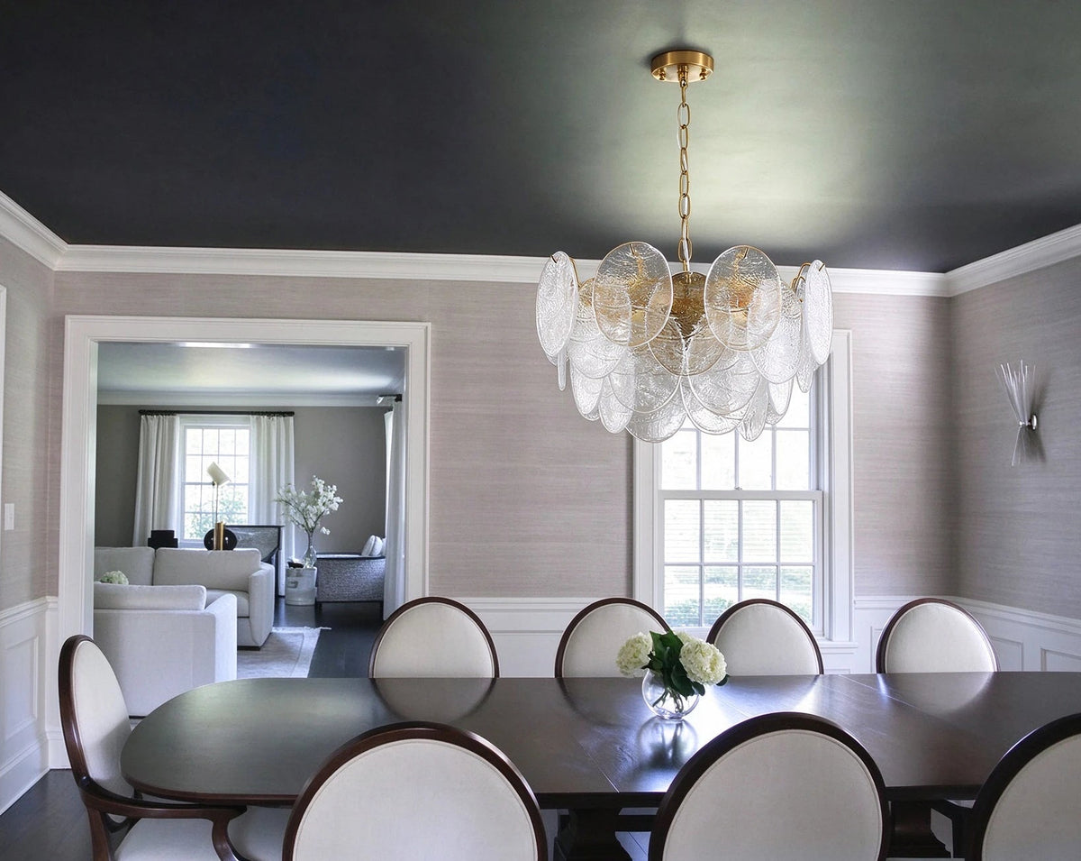 Modern Brass Disc Art Glass Chandelier in Luxury Dining Area