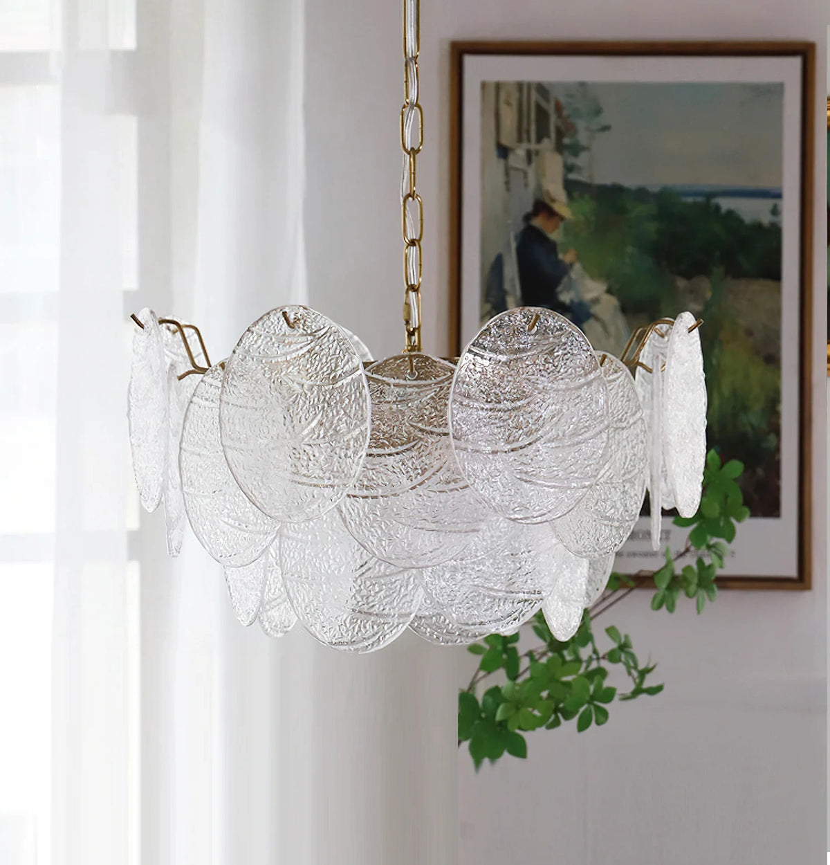Modern Brass Disc Art Glass Chandelier in Bright Interior Setting