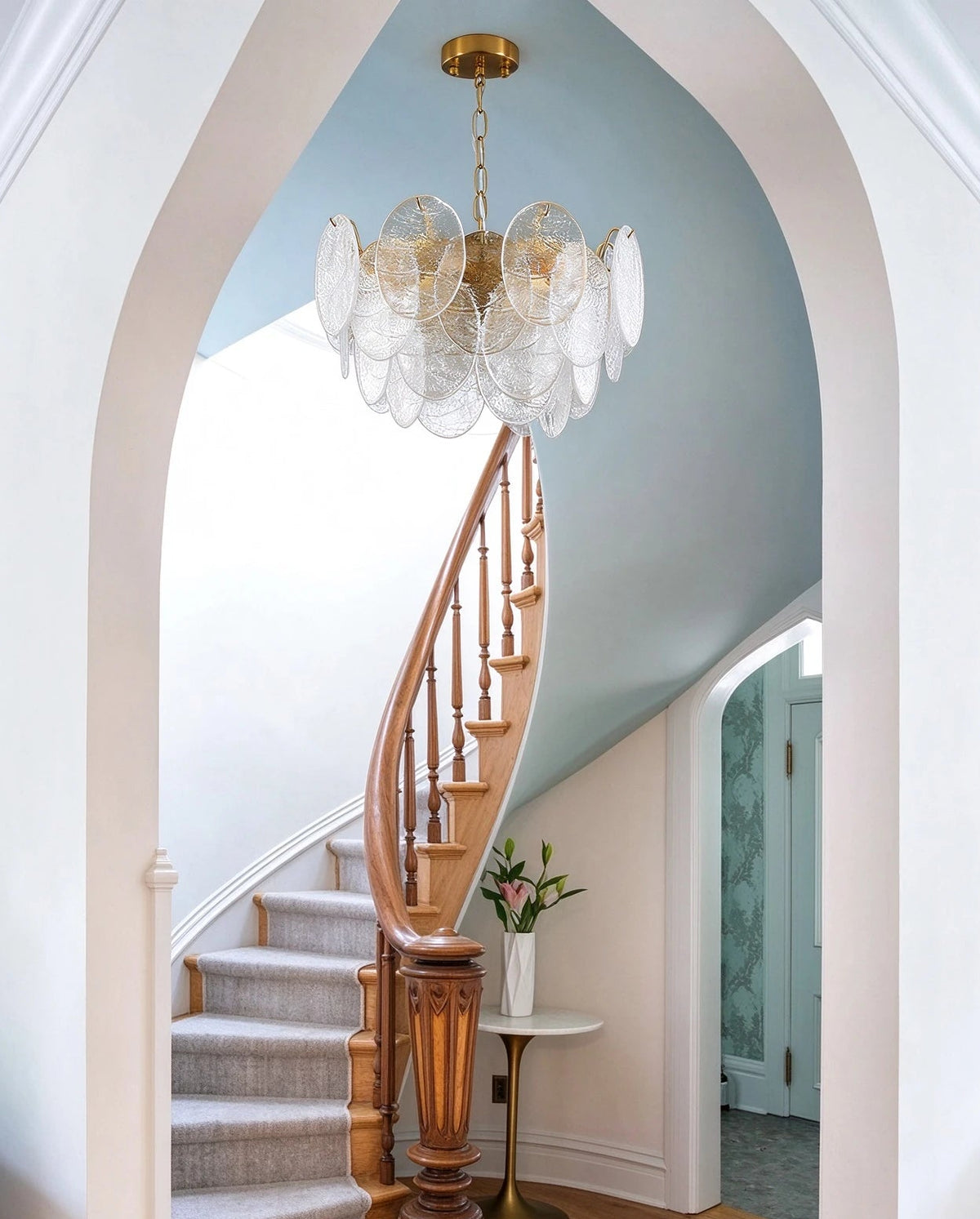 Modern Brass Disc Art Glass Chandelier in Grand Staircase Foyer