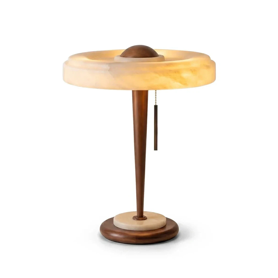 Modern Wood and Alabaster Ring Table Lamp with Pull Chain and Dark Wood Stand on Pure White Background