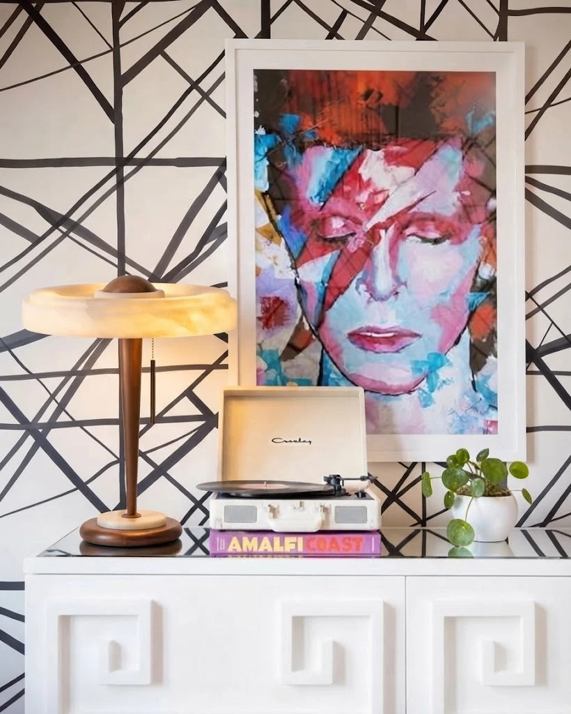 Modern Alabaster Ring Table Lamp in Eclectic Living Room Setting