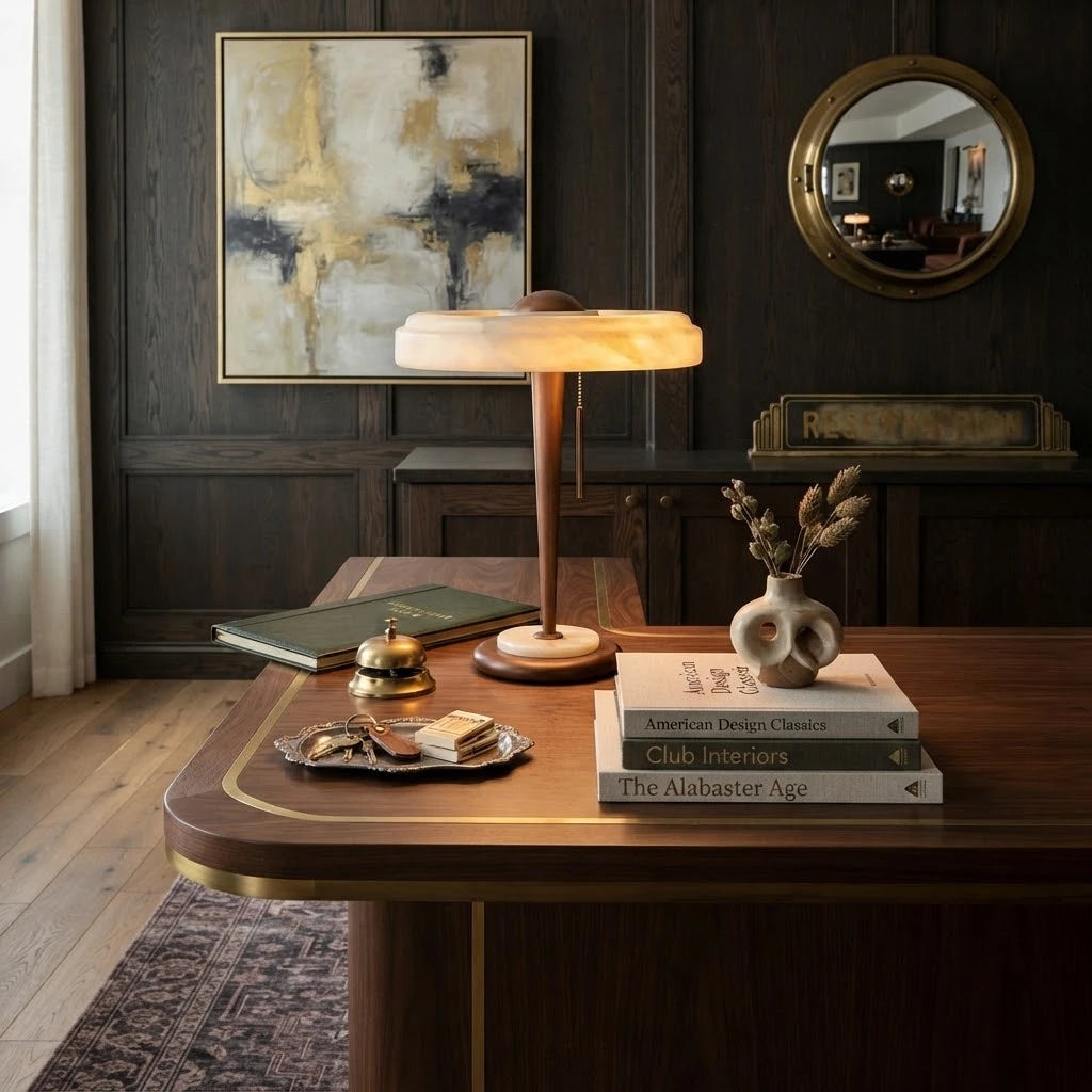 Modern Wood Base Alabaster Ring Table Lamp in Elegant Dining Area