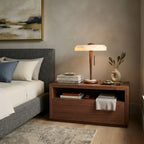 Modern Wood and Alabaster Ring Table Lamp in Master Bedroom Interior