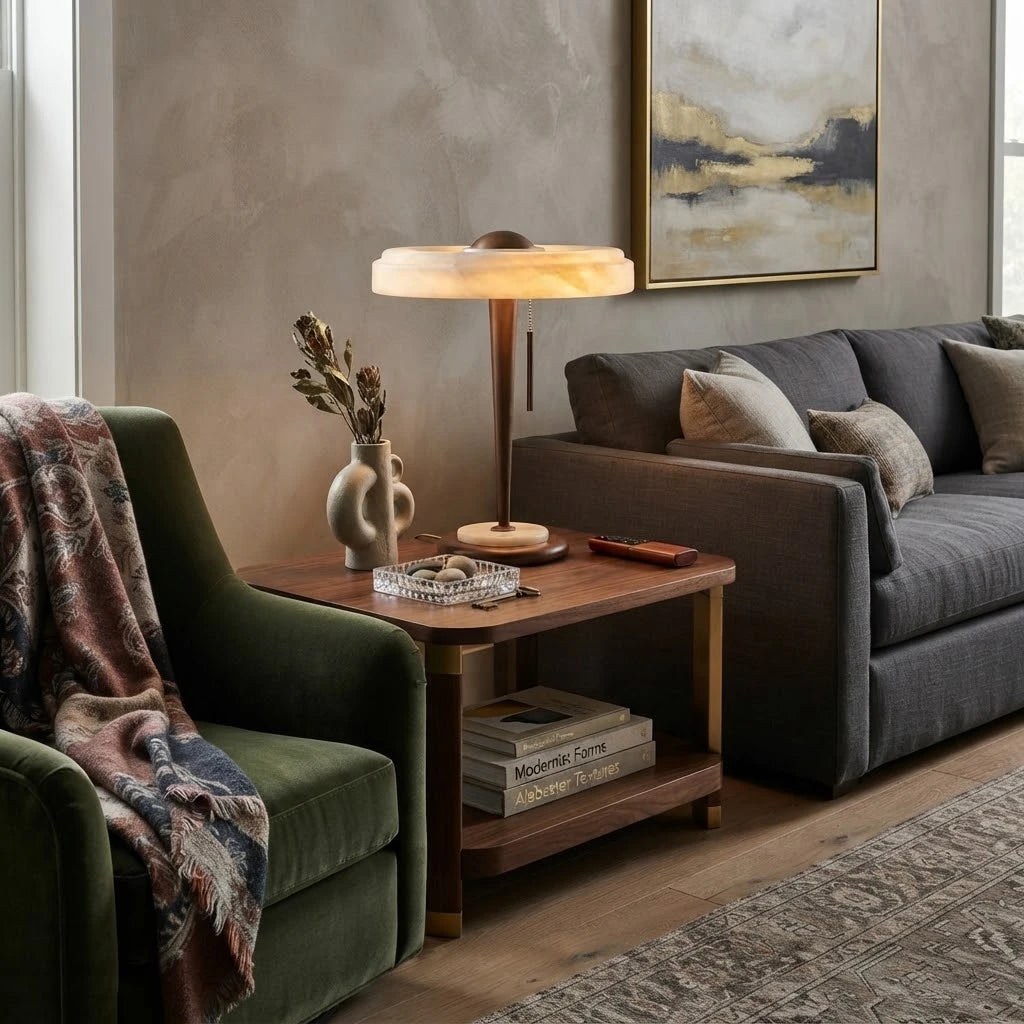 Modern Alabaster Ring Table Lamp in Cozy Living Room Setting