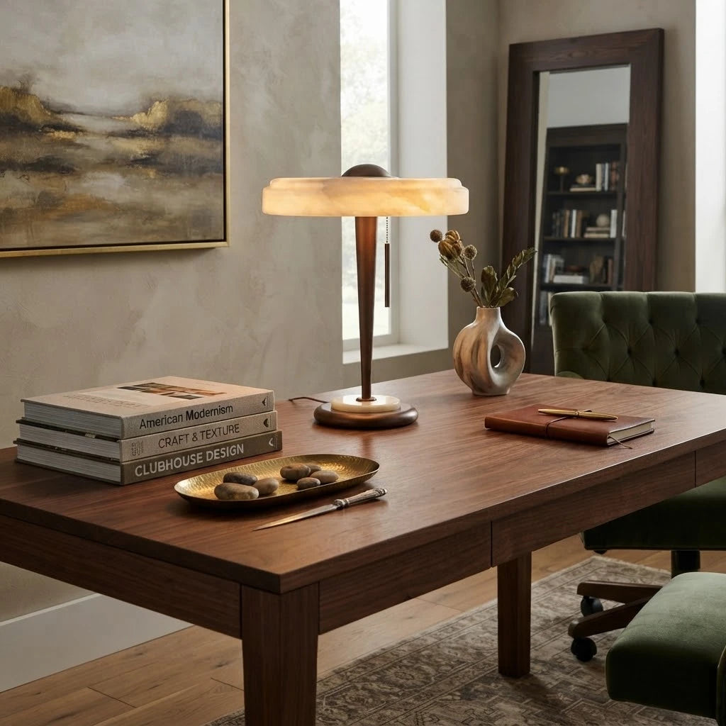Modern Wood Base Alabaster Ring Table Lamp in Executive Workspace
