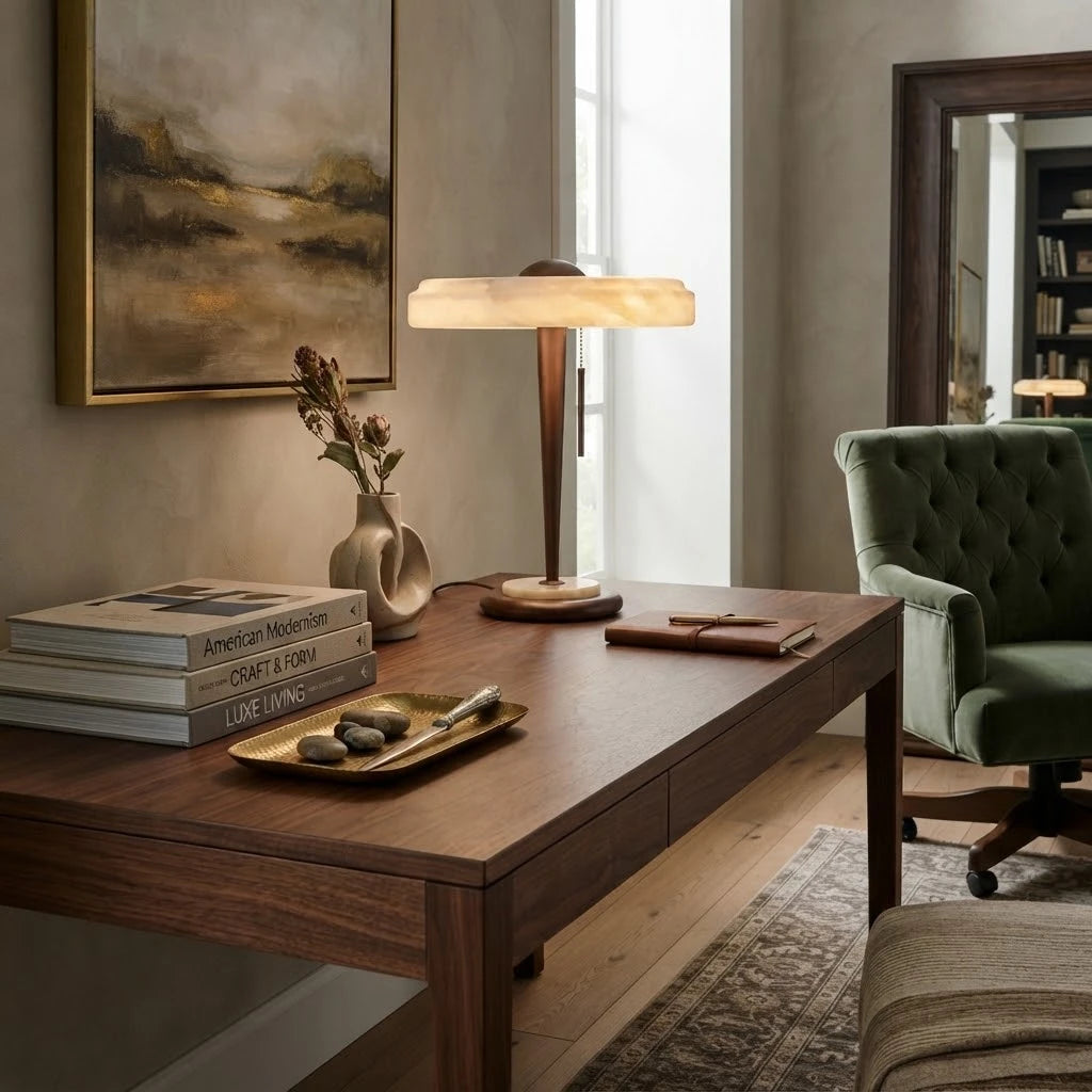 Modern Alabaster Ring Table Lamp in Designer Study Room