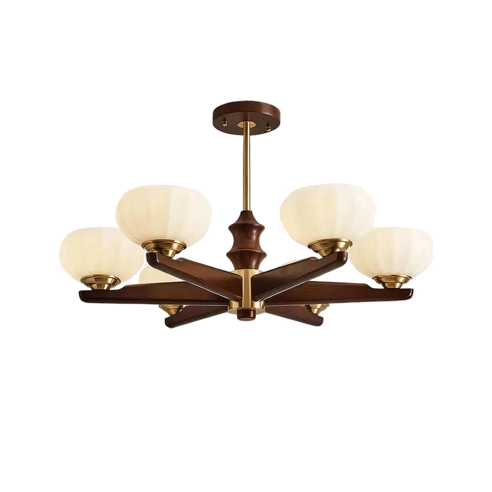Modern Wood and Pleated Glass Semi-Flush Mount Ceiling Light with Brass Accents on Pure White Background