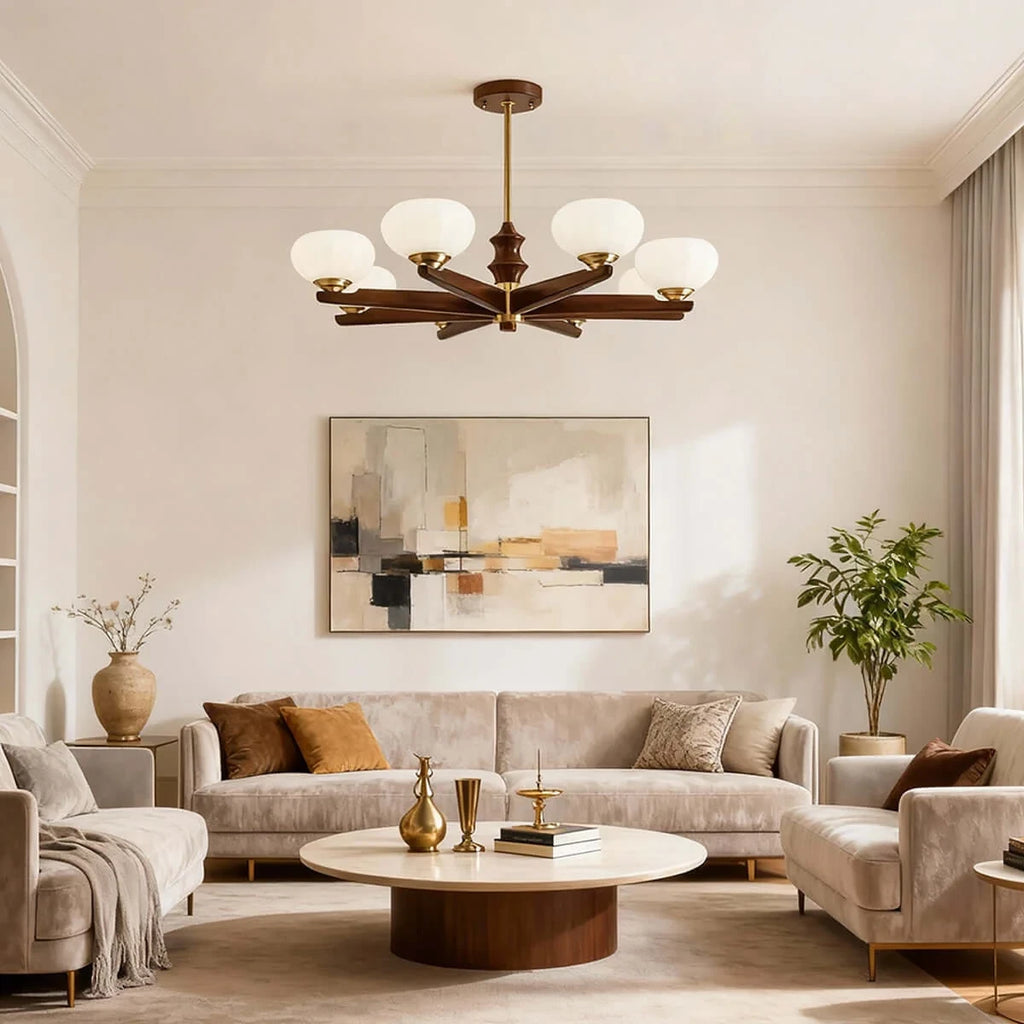Modern Wood and Pleated Glass Ceiling Light in Living Room
