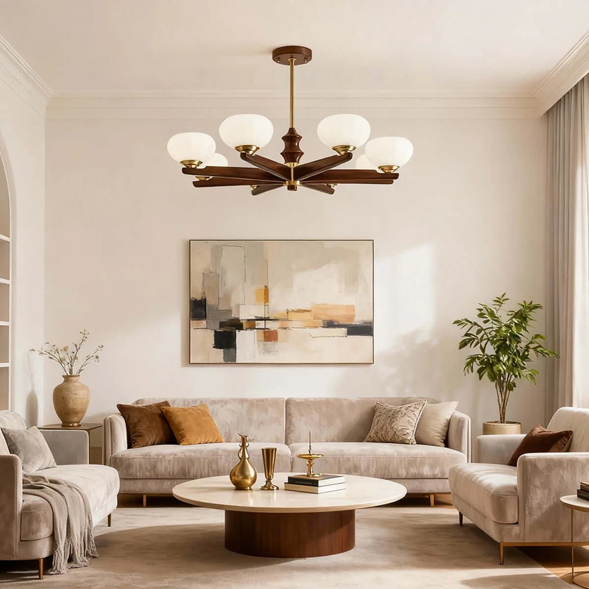 Modern Wood and Pleated Glass Ceiling Light in Living Room