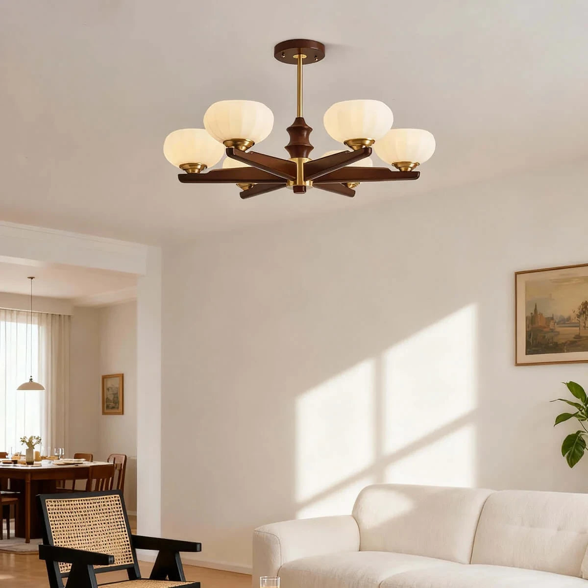 Modern Wood and Glass Ceiling Light in Bright Living Area