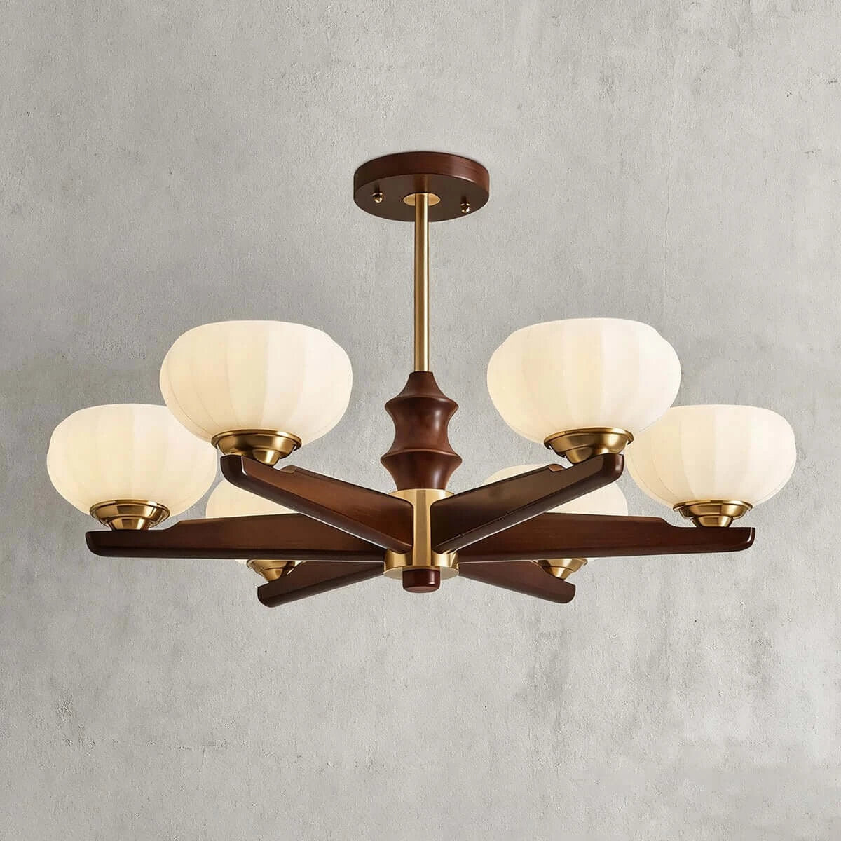 Illuminated Modern Wood and Pleated Glass Ceiling Light Studio Shot