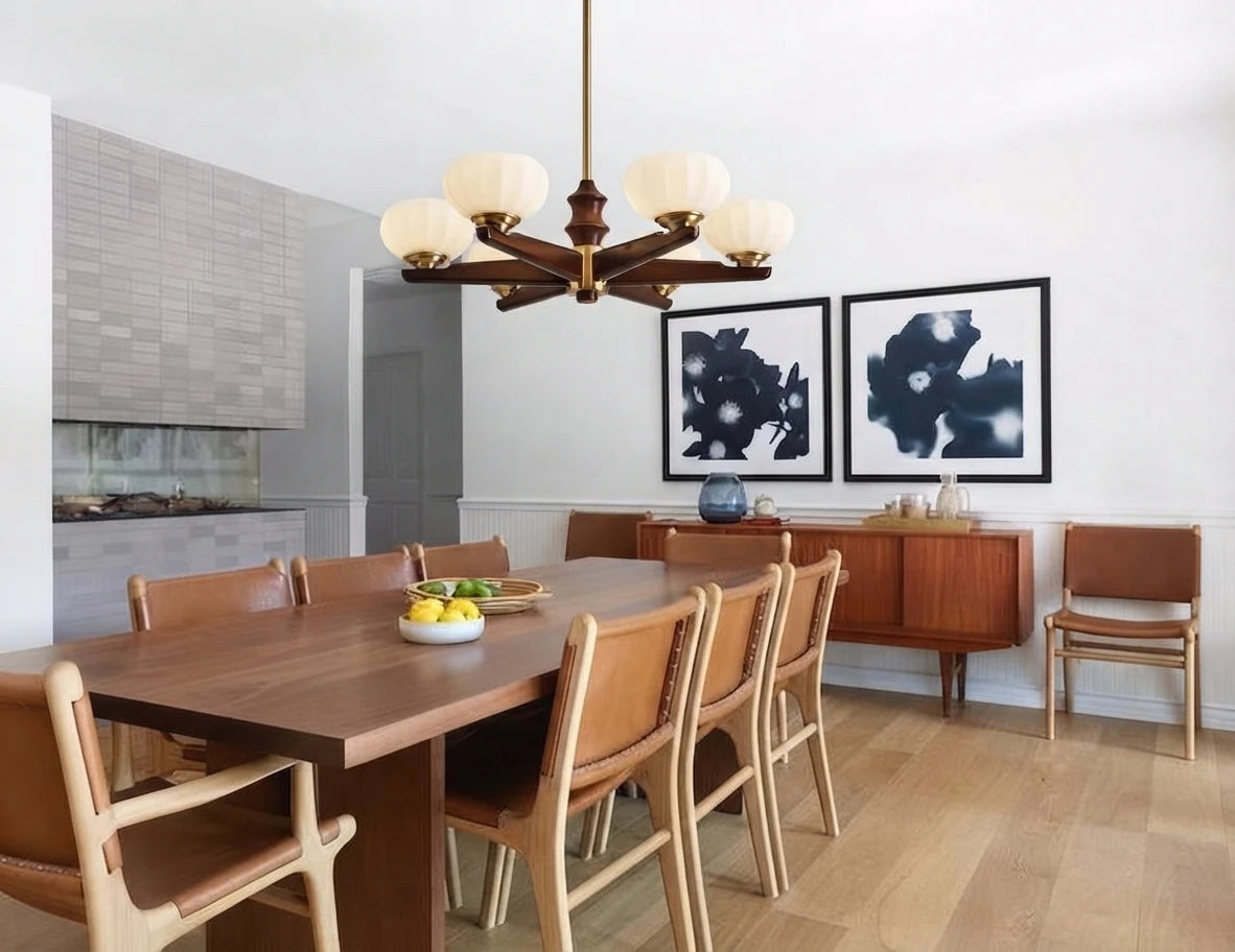 Modern Wood Ceiling Light Over Long Dining Table