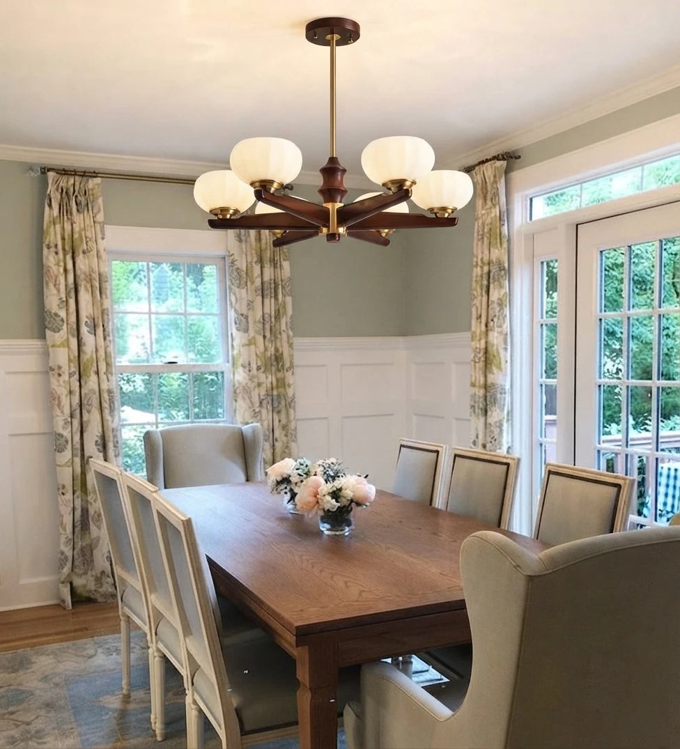 Modern Wood and Glass Chandelier Over Dining Room Table
